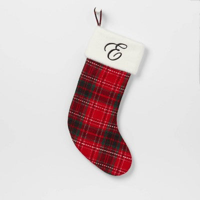 20" Plaid Monogram Christmas Holiday Stocking With Faux Fur Cuff Red/Green/White - Wondershop™