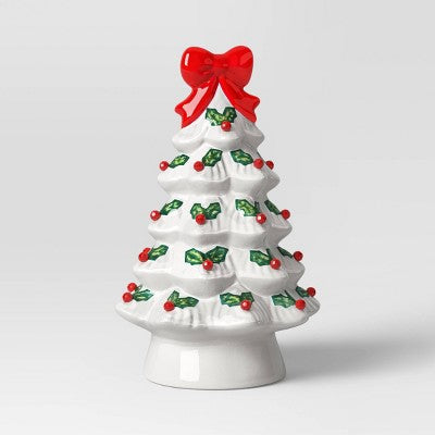 12" Lit Ceramic White Christmas Tree With Red Bow - Wondershop™
