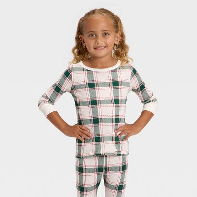 Toddler Plaid Ribbed Long Sleeve Shirt And Pants Holiday Matching Family Pajama Set - Wondershop™ Cream