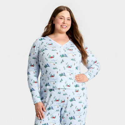 Women's "Tis The Ski-son!" Cozy Knit Long Sleeve Henley Holiday Matching Family Pajama Shirt - Wondershop™ Blue