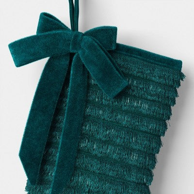 21" Christmas Fringe Fabric Stocking With Bow Green - Wondershop™