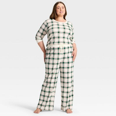 Women's Plaid Ribbed Holiday Matching Family Pajama Pants - Wondershop™ Cream