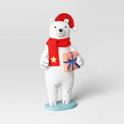 23.5" Fabric Polar Bear Holding Gift Animal Statue - Wondershop™ White