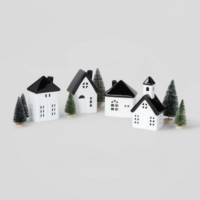 10pc Battery Operated Decorative Ceramic Village Kit White/Black With Green Trees - Wondershop™