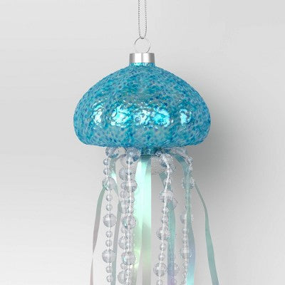 12" Christmas Iridescent Glass Jelly Fish Ornament Light Blue - Wondershop™
