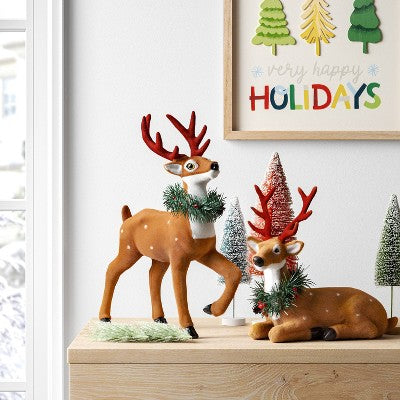 Flocked Standing Deer With Faux Greenery Christmas Animal Figurine - Wondershop™ Brown