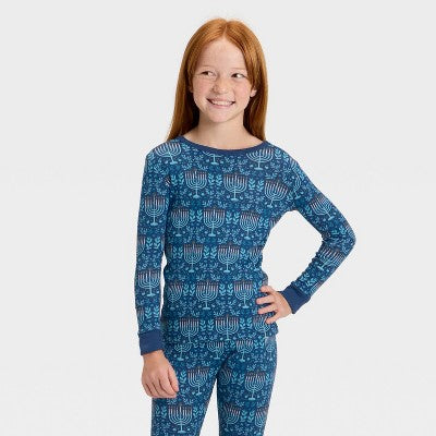 Kids' Hanukkah Ribbed Long Sleeve Shirt And Pants Holiday Matching Family Pajama Set - Wondershop™ Blue
