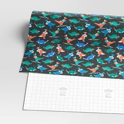 30" 50 Sq Ft Christmas Roll Wrap Dinosaurs On Black - Wondershop™