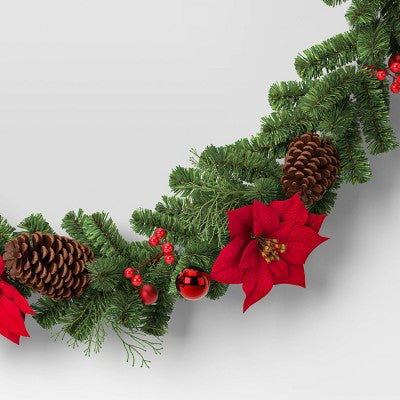 6' Cedar With Poinsettia Flowers And Pinecones Christmas Artificial Garland - Wondershop™: Traditional Decor, Indoor/Sheltered Outdoor Use
