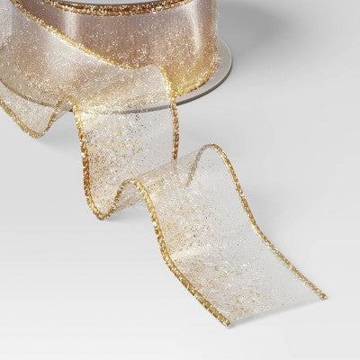 18' Christmas Modern Warmth Premium Ribbon Gold Glitter On Sheer - Wondershop™