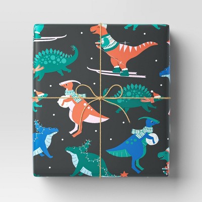 30" 50 Sq Ft Christmas Roll Wrap Dinosaurs On Black - Wondershop™
