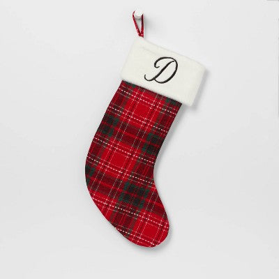20" Plaid Monogram Christmas Holiday Stocking With Faux Fur Cuff Red/Green/White - Wondershop™