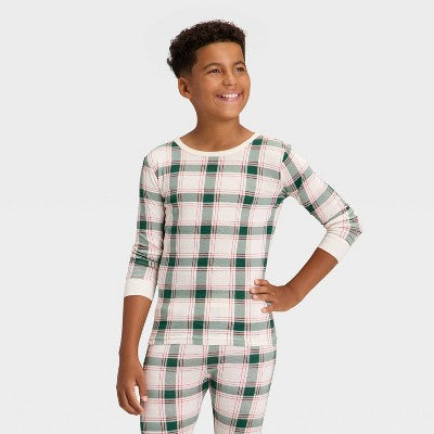 Kids' Plaid Ribbed Long Sleeve Shirt And Pants Holiday Matching Family Pajama Set - Wondershop™ Cream