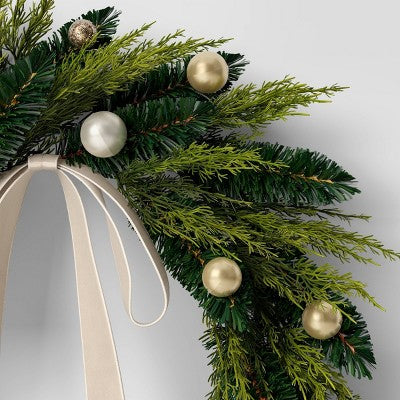 24" Christmas Unlit Champagne Ornament And Bow Wreath - Wondershop™