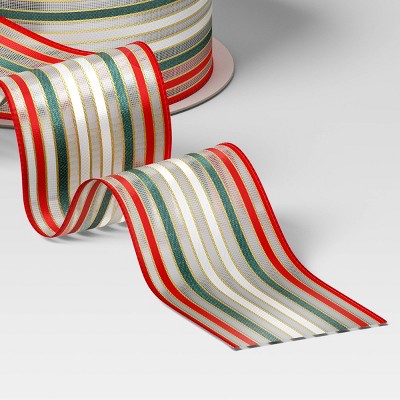 30' Christmas Fabric Ribbon Red White Green Striped - Wondershop™