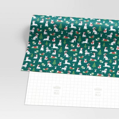 30" 50 Sq Ft Christmas Roll Wrap Illustrated Dogs On Green - Wondershop™