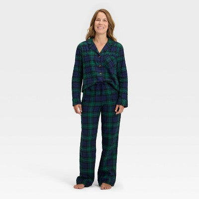 Women's Plaid Flannel Long Sleeve Shirt And Pants Holiday Matching Family Pajama Set - Wondershop™ Navy Blue