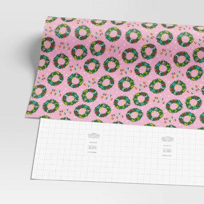 30” 20 Sq Ft Christmas Roll Wrap Happy Holidays And Wreaths On Pink - Wondershop™