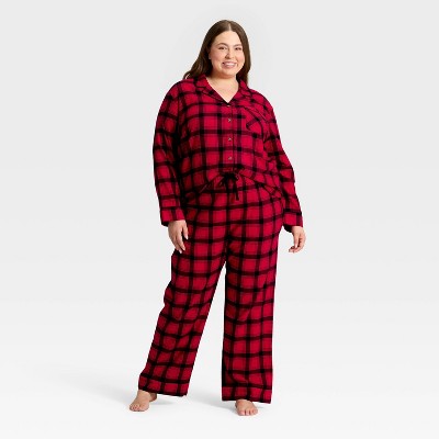Women's Plaid Flannel Long Sleeve Shirt And Pants Holiday Matching Family Pajama Set - Wondershop™ Red/Black