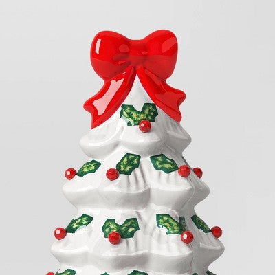 12" Lit Ceramic White Christmas Tree With Red Bow - Wondershop™
