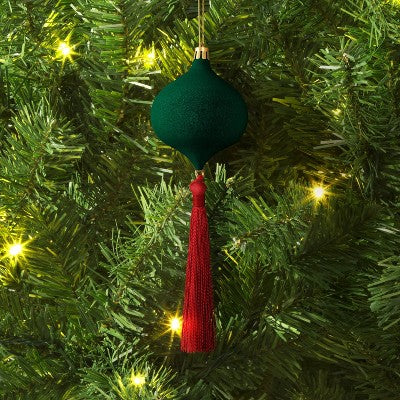 Christmas Onion Shaped Flocked Dark Green Ornament With Tassle - Wondershop™