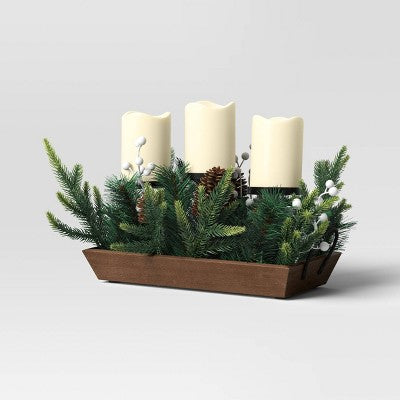 Battery Operated Flameless Pillar Candle And Black Candle Holder In Wood Tray With Faux Christmas Greenery - Wondershop™