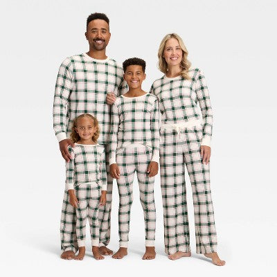 Kids' Plaid Ribbed Long Sleeve Shirt And Pants Holiday Matching Family Pajama Set - Wondershop™ Cream