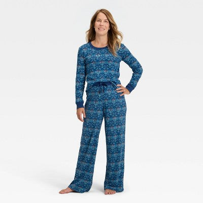 Women's Hanukkah Ribbed Long Sleeve Shirt And Pants Holiday Matching Family Pajama Set - Wondershop™ Blue
