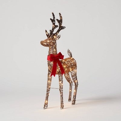 LED Faux Rattan Fawn With Red Bow Christmas Novelty Sculpture Light - Wondershop™