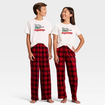 Kids' Plaid Microfleece Holiday Matching Family Pajama Pants - Wondershop™ Red/Black