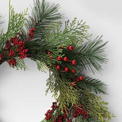 22" Mixed Pine With Red Berries Artificial Christmas Wreath Green - Wondershop™
