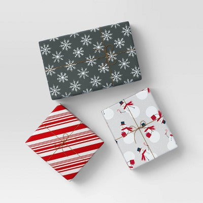 30" 3pk 180 Sq Ft Christmas Wrap Pack Snowman/Candy Stripes/Snowflakes - Wondershop™