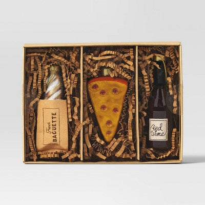 3pc Christmas Gift Ornament Set Glass Wine/Cheese/Baguette - Wondershop™
