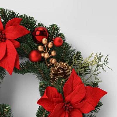22" Mixed Greenery And Poinsettia Flowers Decorated Artificial Christmas Wreath Green - Wondershop™
