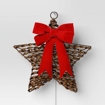 30ct Battery Operated Christmas Hanging Twisted Faux Rattan Star With Red Velvet Bow - Warm White Lights - Wondershop™