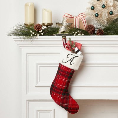  20" Plaid Monogram Christmas Holiday Stocking With Faux Fur Cuff Red/Green/White - Wondershop™