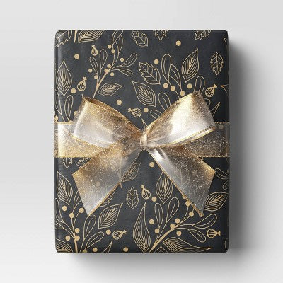  30” 25 Sq Ft Christmas Roll Wrap Gold Botanical On Black - Wondershop™