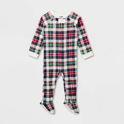  Baby Plaid Ribbed Holiday Matching Family Footed Pajamas - Wondershop™ Cream