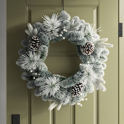  28" Flocked Mixed Greenery With Berries And Pinecones Artificial Christmas Wreath - Wondershop™