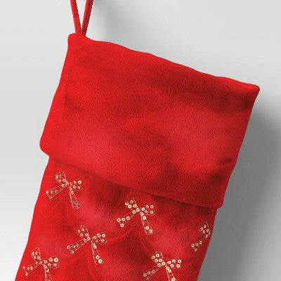  21" Christmas Sequins/Embroidery Bow Velvet Stocking Red - Wondershop™