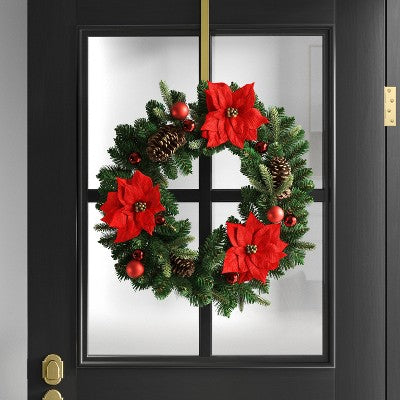 28" Pine And Poinsettia Flower With Ornaments Artificial Christmas Wreath Red - Wondershop™