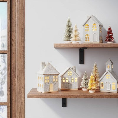  10pc Battery Operated Ceramic Christmas Village Set With Bottle Brush Trees - Wondershop™ White/Tan