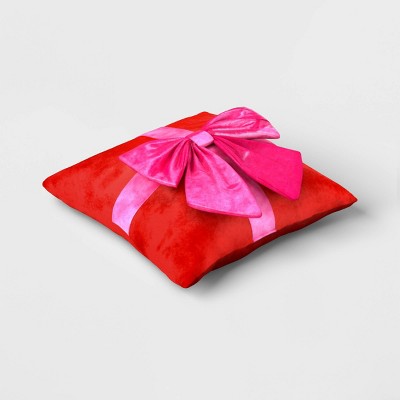  16" Christmas Red Square Pillow With Hot Pink Bow - Wondershop™