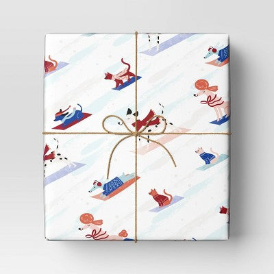  30” 25 Sq Ft Christmas Roll Wrap Dogs Sledding On Cream - Wondershop™