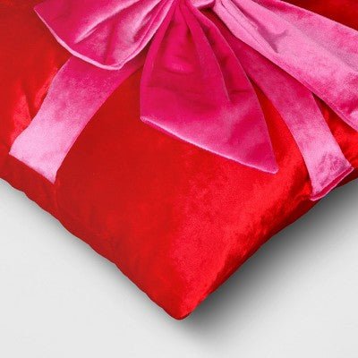  16" Christmas Red Square Pillow With Hot Pink Bow - Wondershop™