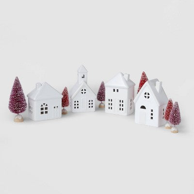  10pc Battery Operated Decorative Ceramic Village Kit White With Blush Trees - Wondershop™
