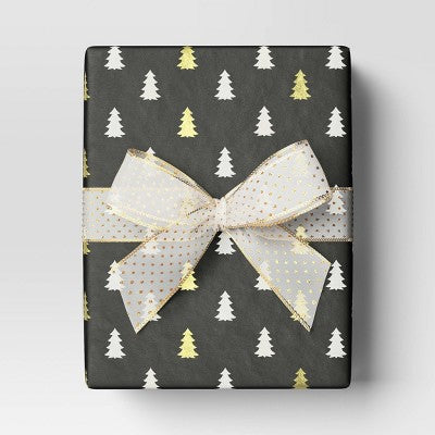  30” 25 Sq Ft Christmas Roll Wrap Gold/Silver Trees On Black - Wondershop™