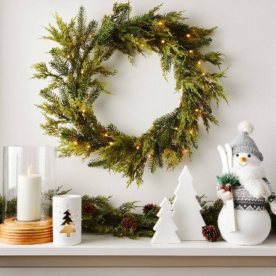  28" Pre-lit Mixed Greenery Artificial Christmas Wreath LED Warm White Lights - Wondershop™