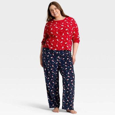  Women's Santa Print Microfleece Holiday Matching Family Pajama Pants - Wondershop™ Navy Blue