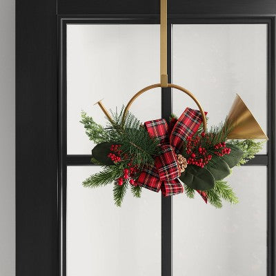  13" Metal Horn With Greenery And Plaid Bow Artificial Christmas Wreath Green/Red - Wondershop™